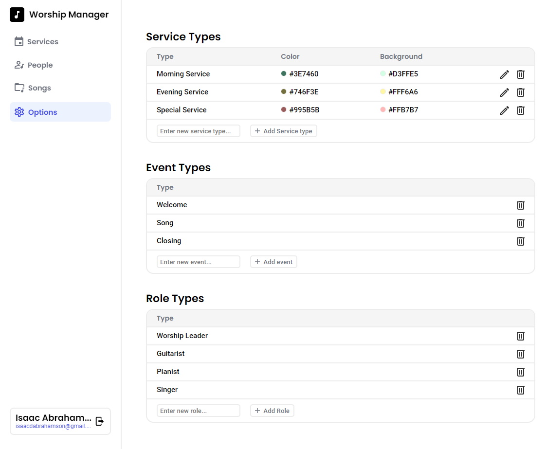 Picture of worship manager options page.